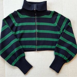 Bailey Rose Navy and Green Striped Women's Turtleneck Sweater